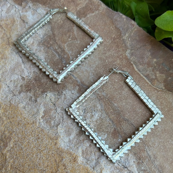 Silver Rhinestone Diamond Shape Statement Earrings NWT - Picture 3 of 5